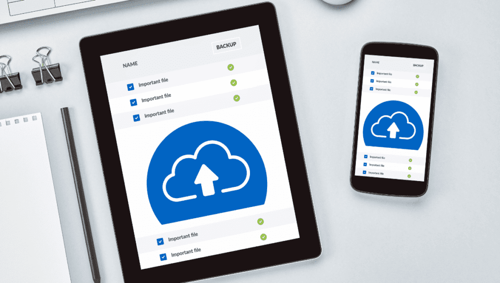 small business cloud storage providers - A tablet and phone, both featuring a cloud icon, are displayed together.