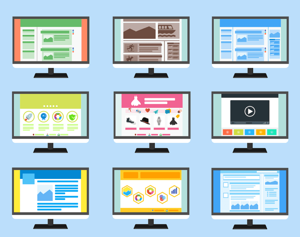 A collection of monitors displaying various websites, specifically focused on the usefulness of WordPress themes.